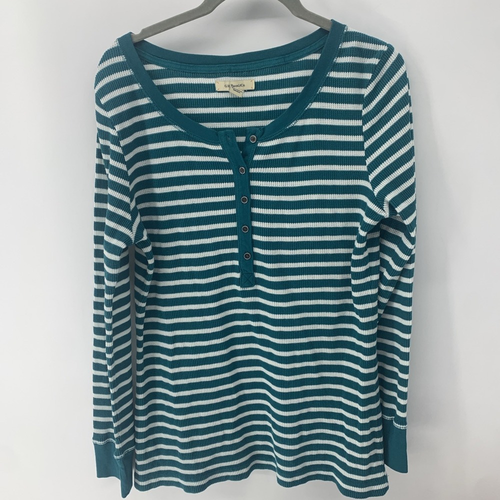 2 Women GH BASS CO THERMAL HENLEY SHIRT Long Sleeve Stripe Top Waffle Large - Picture 2 of 9